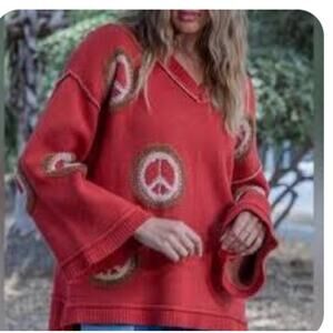 Blue Velvet Womens S Brick Orange Oversized Fuzzy Peace Knit Sweater Boho